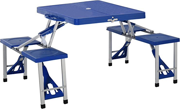 Outsunny Mesa Maleta de Camping Plegable Portátil 4 Asientos y Agujero Sombrilla Estructura Aluminio Playa Picnic 135,5×64.5x66cm (Azul)